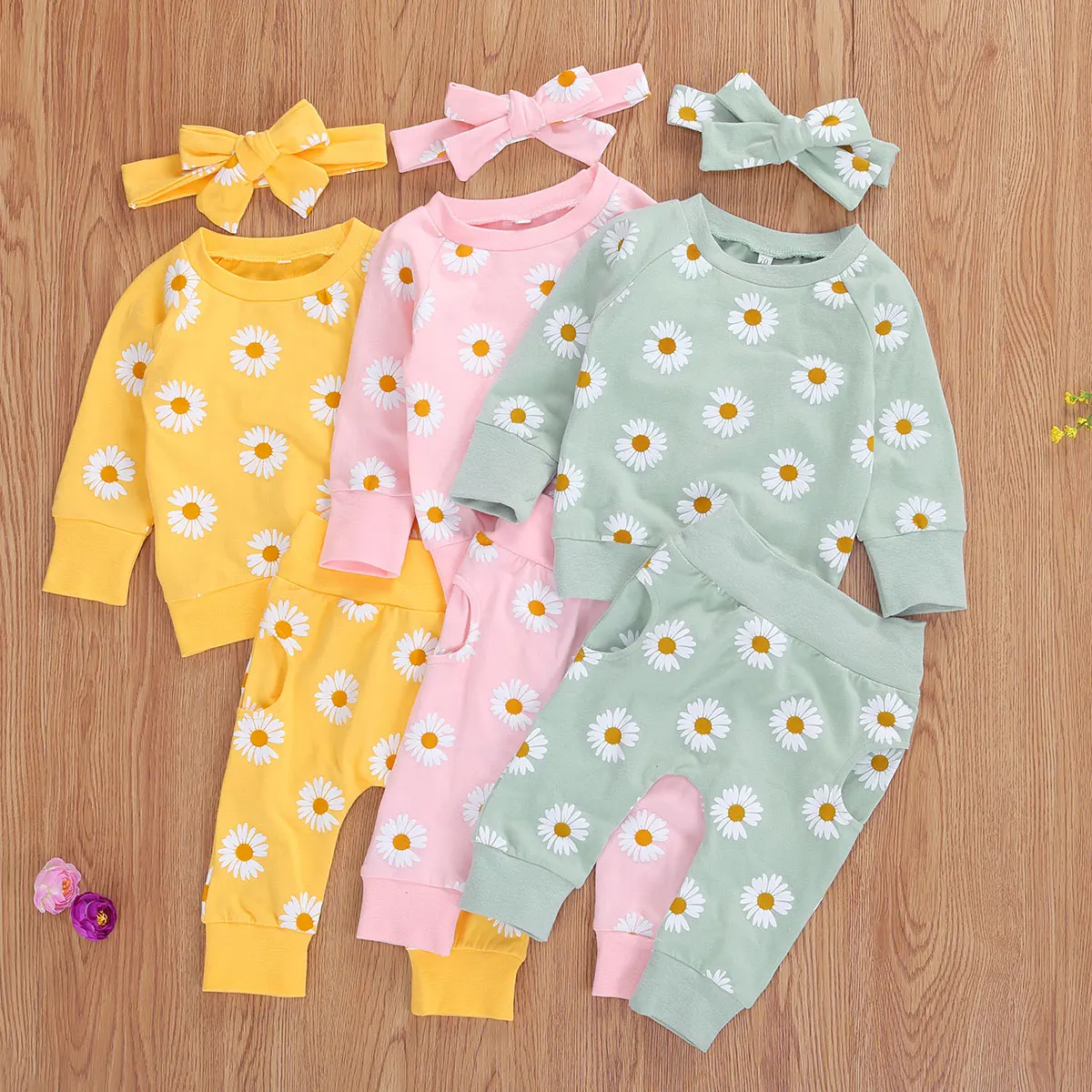 3pcs Breathable Cotton Outfits Baby Boys Girl Clothes Toddler Daisy Print Long Sleeve Sweatshirt+Pants+Headband With Bow Infant
