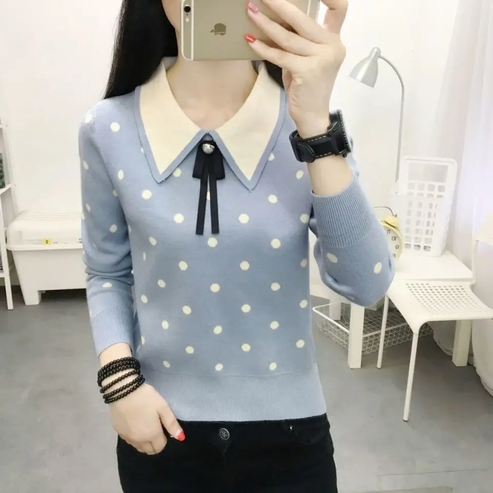 

Blue Jap Dot Spring Fall Winnter Student Lady Pullover Warm Sweater Women's Sweaters Women Girl Pull Slim Top Outer Coat Cloth