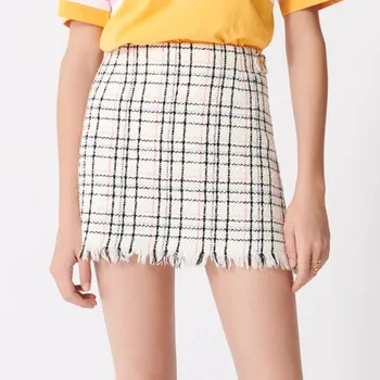 

Women Plaid Short Skirt Summer Tassel High Waist Slim Skirts Lady Clothes 2020 New