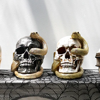 

Halloween simulation snake skull head with light ornaments resin ornaments Holiday horror decoration