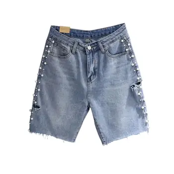 

2020 summer new fashion denim shorts light blue fashion high waist loose hole women side beaded jeans shorts r758