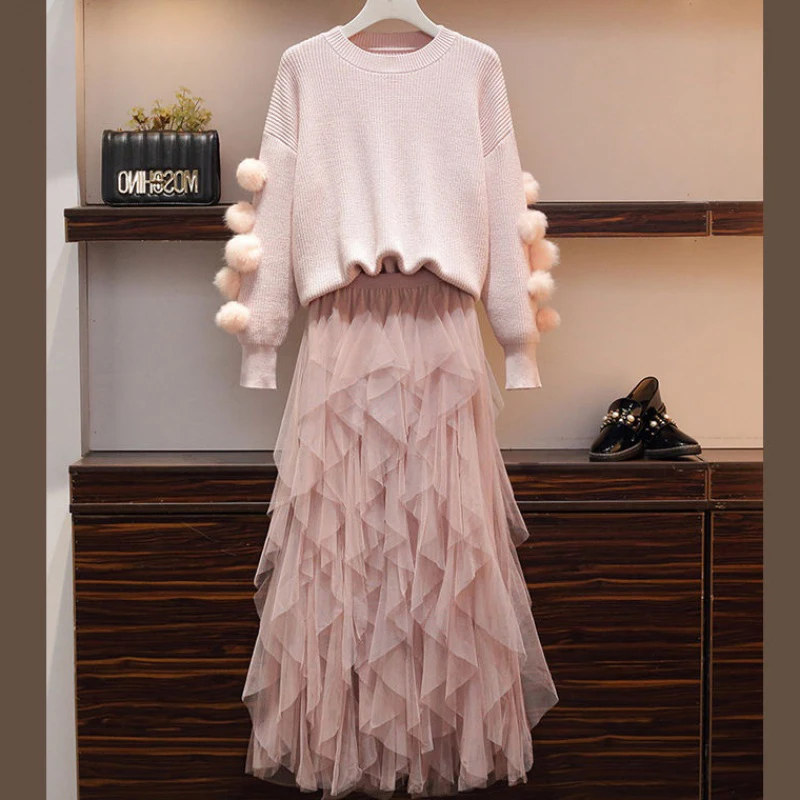 2019 Autumn New Korean Women Fashion Sweet Pink Knit Hair Ball Sweater + Irregular Mesh High Waist Skirt 2 Pieces Set | Женская одежда