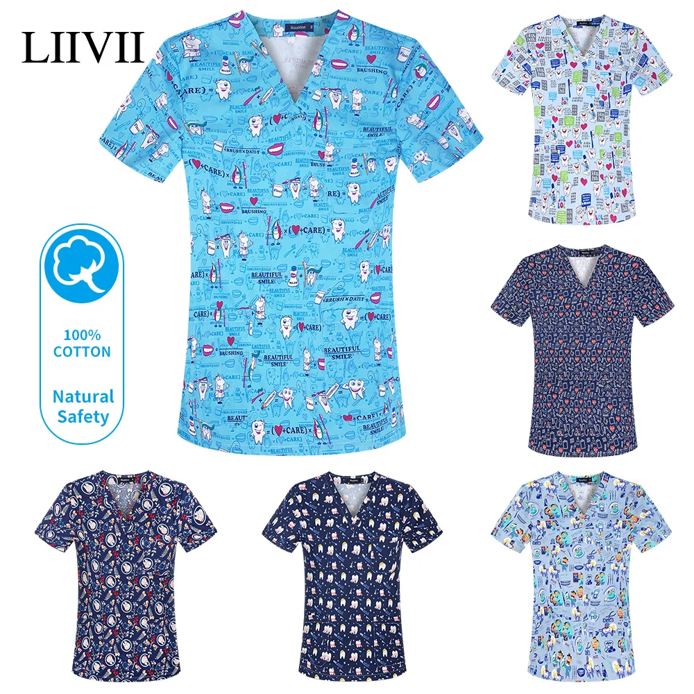 Multi color Scrubs Women Tops Unisex V neck Pet Grooming Scrub Top