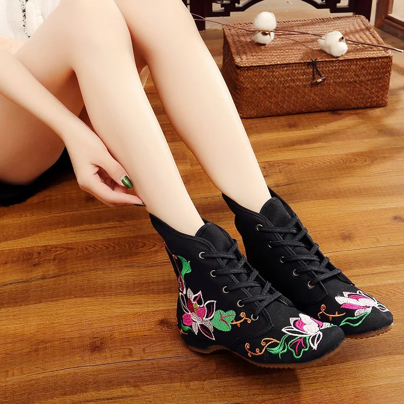 

Autumn And Winter Mandala Old Beijing Ethnic Embroidery Boots Hight-top Elevator Ethnic-Style Flower Embroidery Shoes Women's