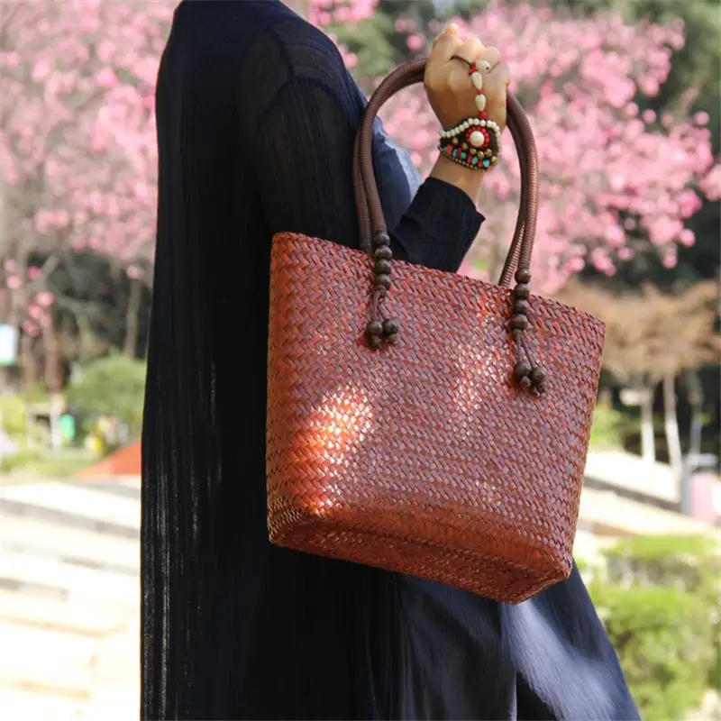 31x25CM Thailand Straw Bag Rattan Straw Bag Handbag Retro Vacation Women Handbag Shoulder Bag Mail Original Bag a6108