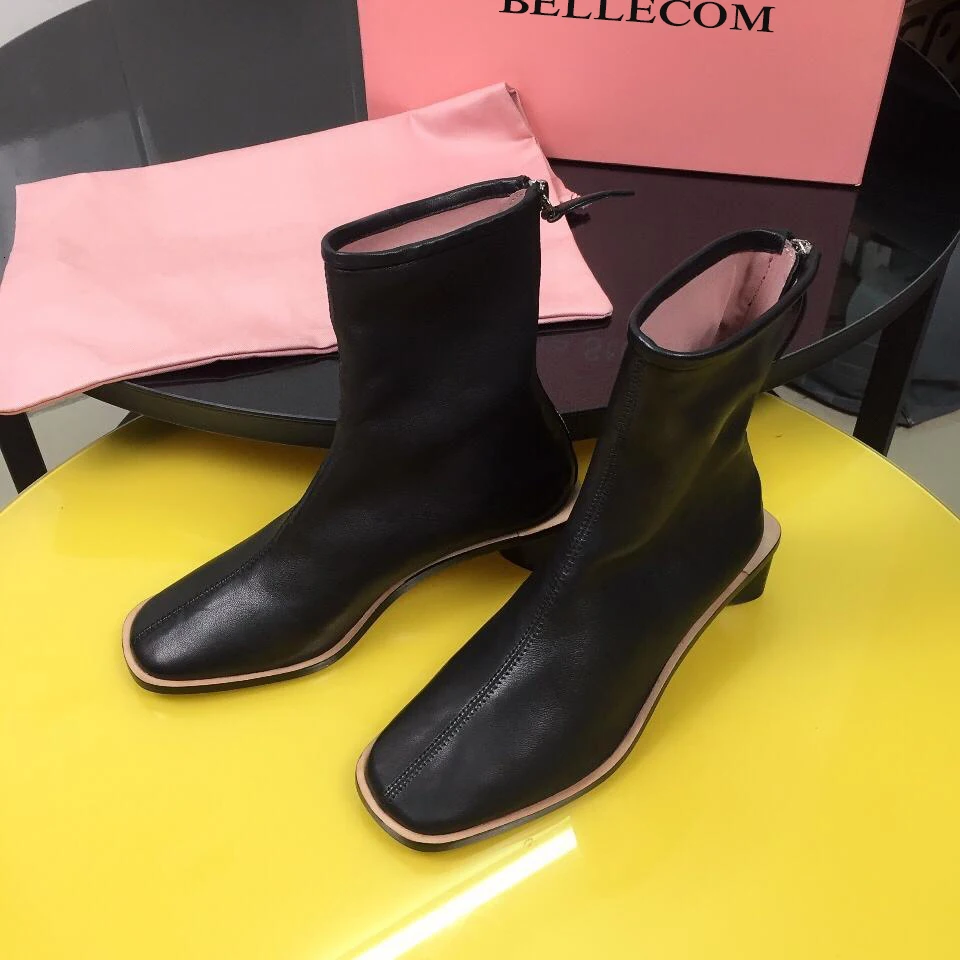 

BELLECOM Autumn 2019 New Kind of Female True Leather Thick-heeled Shoes British Style Bare Boots Martin Boots