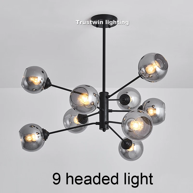 9 headed light Современный стеклянный глобус светодиодный подвесной светильник черный фойе столовая гостиная Железный Ретро подвесной светодиодный подвесной светильник с серым стеклом - Цвет корпуса: 9 headed light