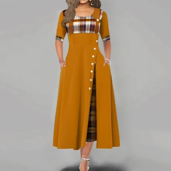 

New Arrival Women Fashion Casual Irregular Plaid Print Button Maxi Dress Half Sleeve Round Neck Plus Size Party Dress