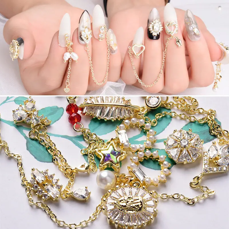 

5pcs/lot 3D metal Pendant Chain Zircon Nail art jewelry Japanese nails decorations zircon pearl crystal Manicure diamond Charms