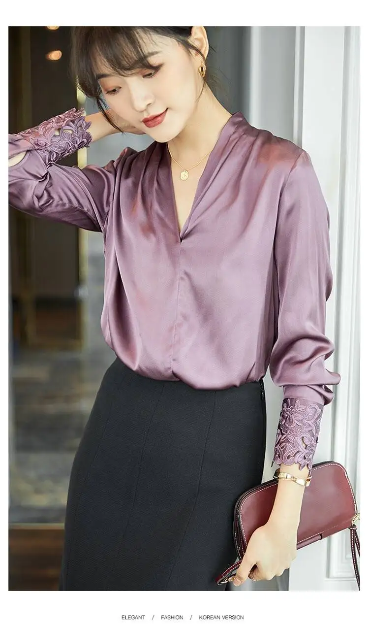 Осенняя шелковая рубашка Женская Новинка Европейская и американская Женская Вышивка одноцветная двойная шелковая атласная блузка