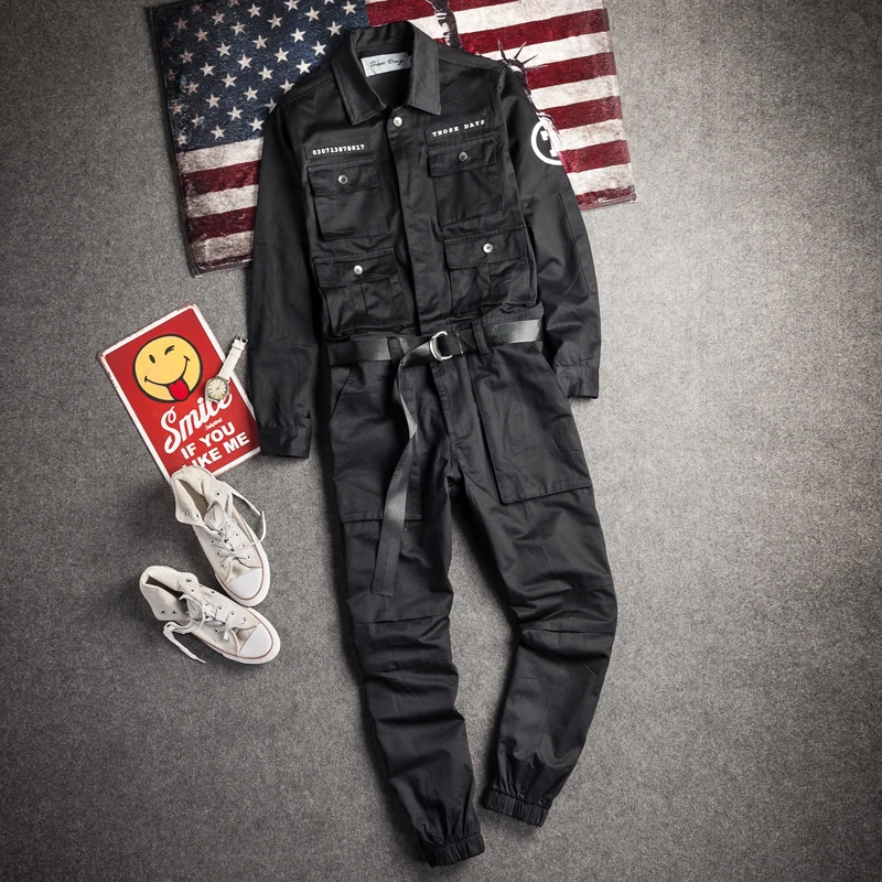 Jumpsuit Men Overalls Korean Fashion Rompers Cargo-Pants Streetwear Hiphop Black Casual