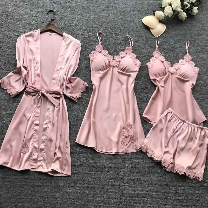 BZEL, женская пижама, 4 шт, пижамные комплекты, халат и платье, наборы, кружевной халат, шелковый атлас, Пижама, Femme, сексуальная пижама, комплект для отдыха - Цвет: pink