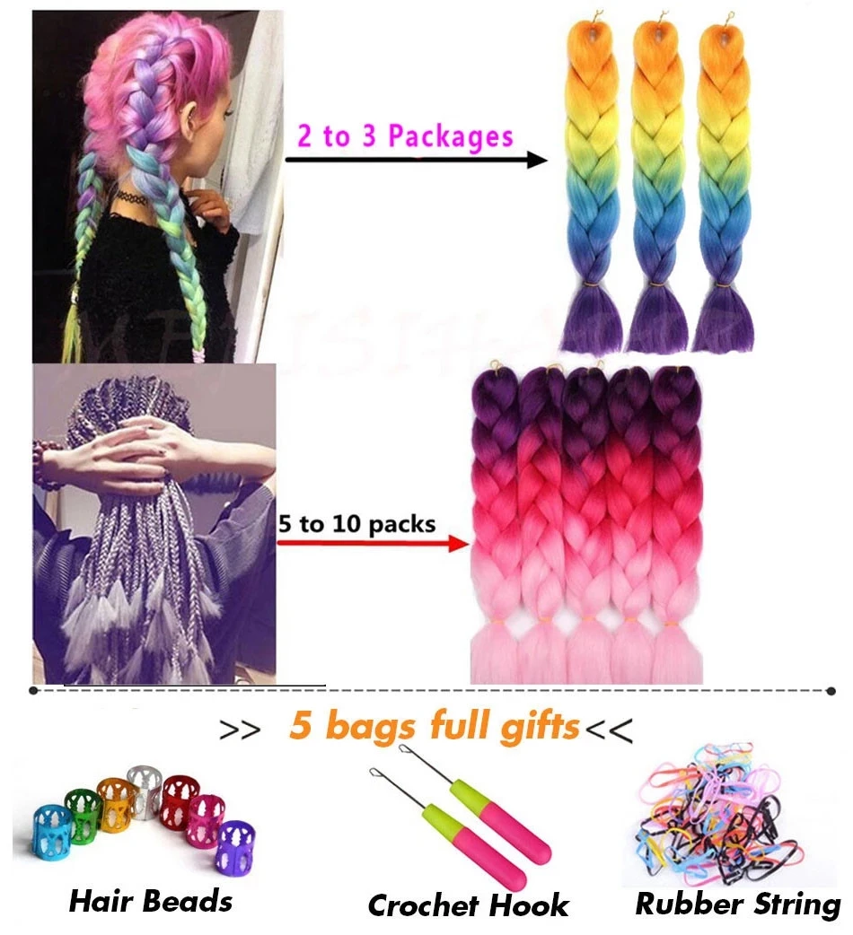 Synthetic jumb Braids Ombre Braiding Hair Extension Box Braid Hair Pink Purple Yellow Golden Colors hair 24inch kanekalons hair