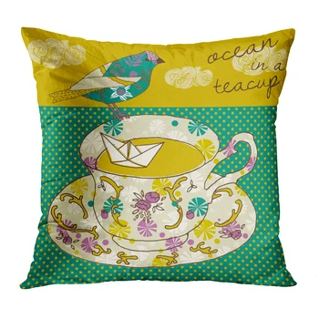 

Ocean In Teacup Cushion Cover Home Decor Flower Drink Bird Pillow Cover Decorative Floral Illustration Soft Velvet Pillow Case