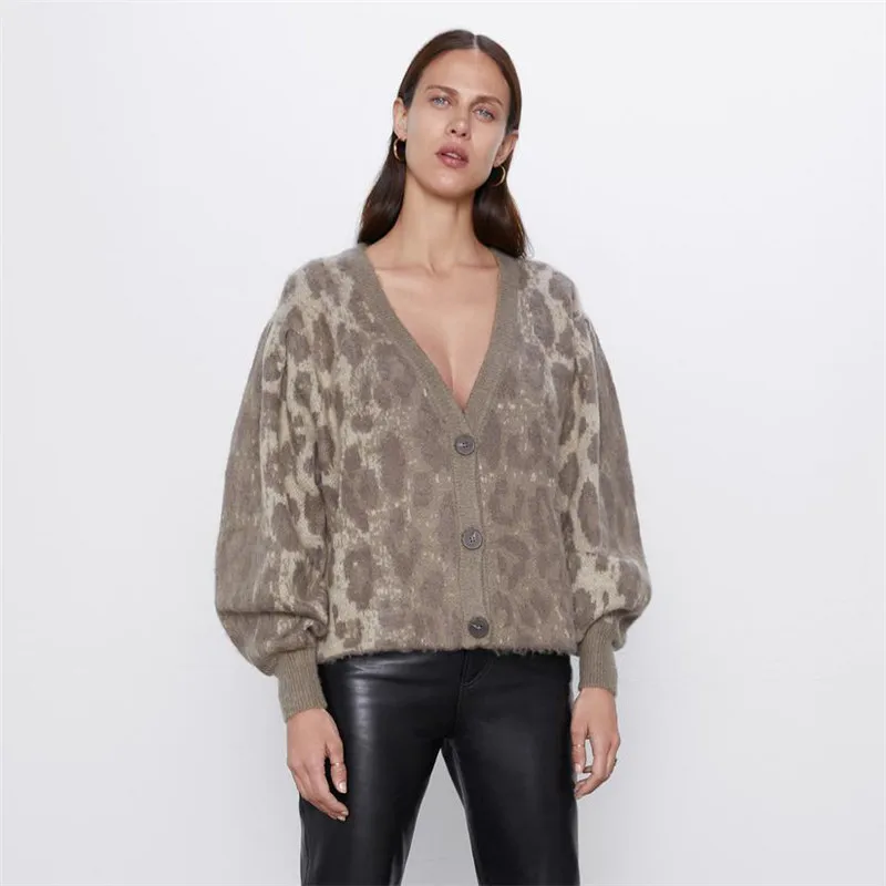 2019 ZA Women Knit Cardigan Sweater Leopard V-neck Long Bishop Sleeve Jacket New Loose Coat Brown Leisure Office Lady Wholesale |