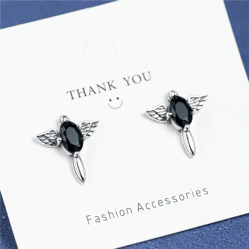 angel wing black zircon Tai-silver earrings man 100% 925 Sterling silver Jewelry fashion Hypoallergenic Stud earrings for women