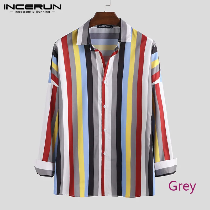 Gray Shirt INCERUN стильная рубашка в полоску с цветным блоком для мужчин, дышащий с длинным рукавом, на пуговицах, уличный лацкан, свободные базовые рубашки для мужчин Camisa - Цвет: Gray Shirt