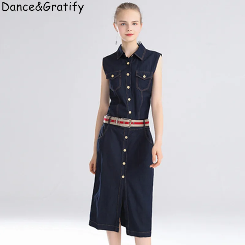 

Women Single Breasted Soft Denim Dresses Sleeveless Turn-down Collar Long Midi Shirt Jeans Dress NS423
