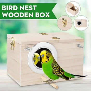 

Meigar Bird Parrot Wooden Box Budgie Nest Wooden Box Breeding Boxes Aviary Bird House Nesting w/ Stick Window Security Garden