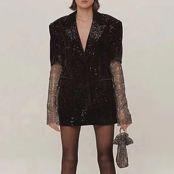 

New iron bead light bright white gauze fans flocking profile long sleeve splicing small black suit jacket