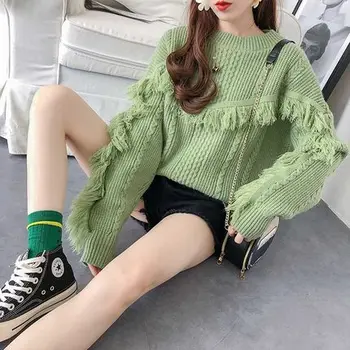 

2019 Winter Fashion beige Green Pullover Knitted Sweater Women Long Sleeve O-neck Loose Tassel Thick Sweater
