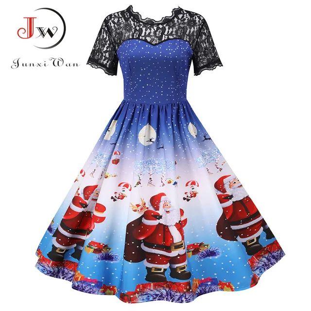 2022 Women's Christmas Dress Short Sleeve Lace Santa Claus Print High Waist Elegant Vintage Winter Xmas Party Clothes Plus Size 6