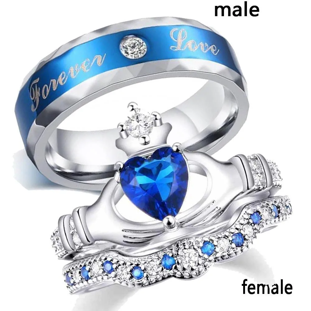 Очаровательное кольцо для пары из нержавеющей стали, синее мужское кольцо, голубой циркон, женские кольца, наборы, обручальные кольца на День святого Валентина - Main Stone Color: Couple