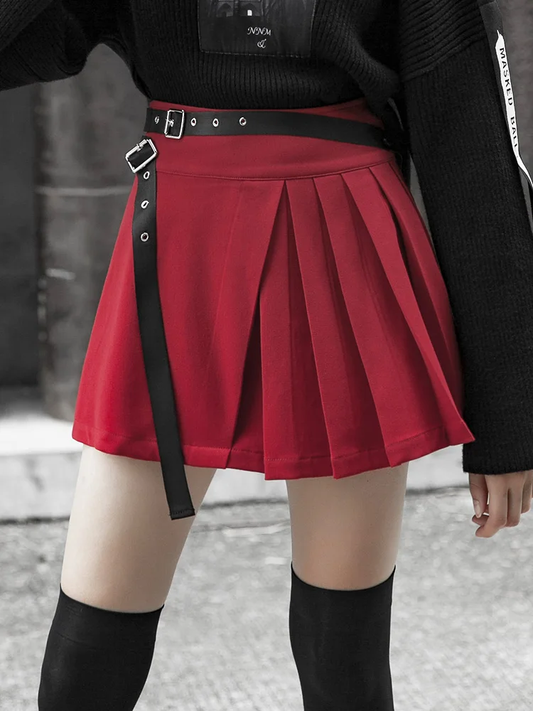 Панк рейв женские красные плиссированные мини-юбки с поясом PQ-486BQ Азиатский размер S-L