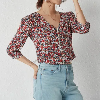 

Women Vintage V-neck Blouse polka dot Floral Print 2020 Summer Single-breasted Three Quarter sleeve lady sweet short shirt top