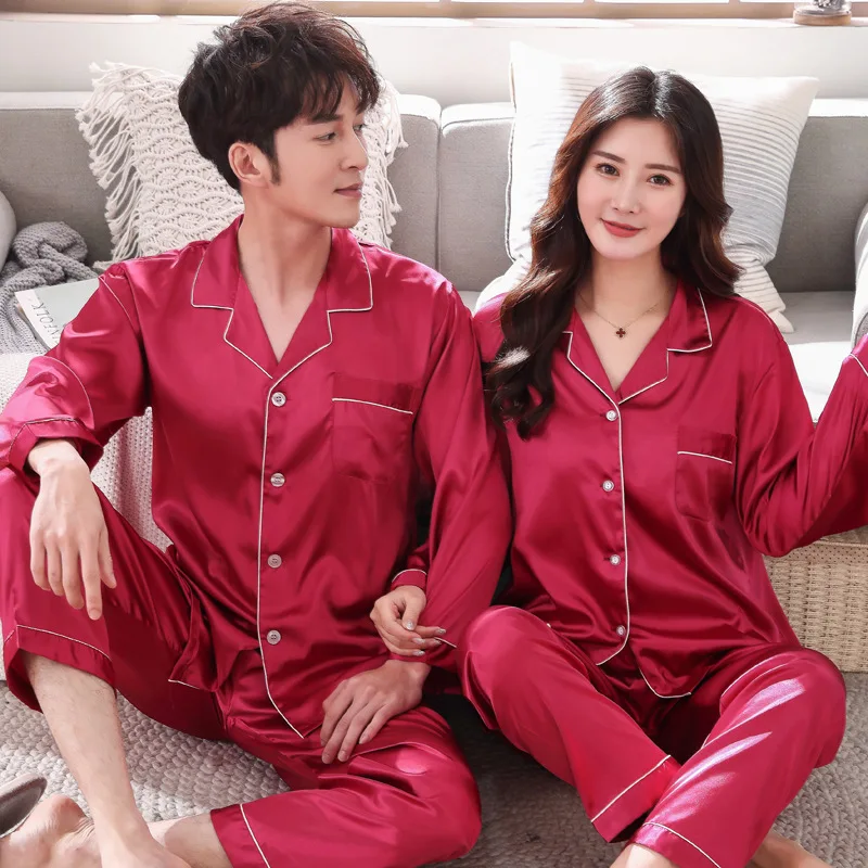 Spring Autumn Couple Pajamas Set Sleepwear Plus Size Pijamas Suit Nightwear Loose Casual 2 PCS Shirt&Pant Men Rayon Home Wear