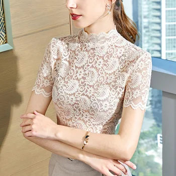 

New Arrival 2020 Women Summer Spring High Fashion Ruffled Collar Short Sleeve Lace Blouses Shirt Ladies Sexy Hollow Out Tops