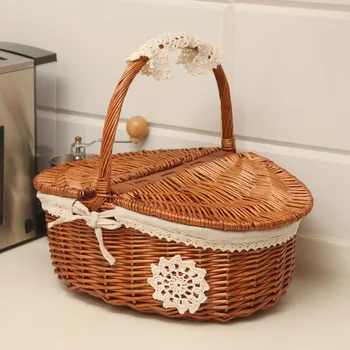 

Picnic wicker basket fruit rattan storage box snack tea willow and cloth wooden color picnic storage basket with lid WF828215