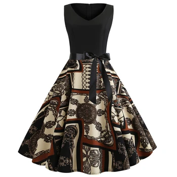 

Blue Vintage Dresses 2019 Floral Print Summer Dress for Women 50s 60s Sleeveless Sexy V Neck Party Dress Robe Vestidos Mujer