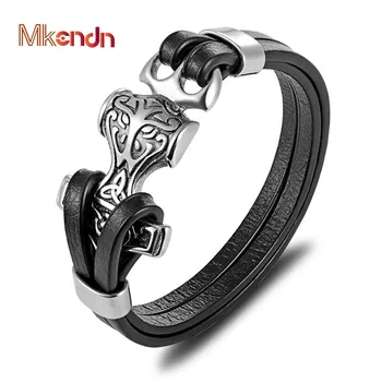 MKENDN Wholesale Punk Multi-layer Stainless Steel Genuine Leather Anchor Skull Bracelet Men Casual Pulseira