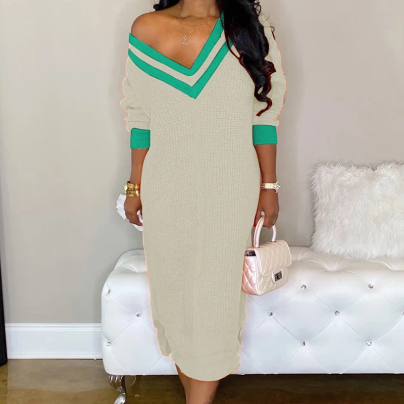 Women V Neck Striped Casual Sweater Dress Ladies Long Sleeve Mid-calf Fashion Streetwear | Женская одежда