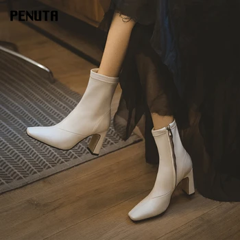 

2020 PENUTA Square Toe High Heel Winter Keep Warm Boots Women Street Runway Shoes New Arrival Ladies Slim Fit Chunky Shoes D0027