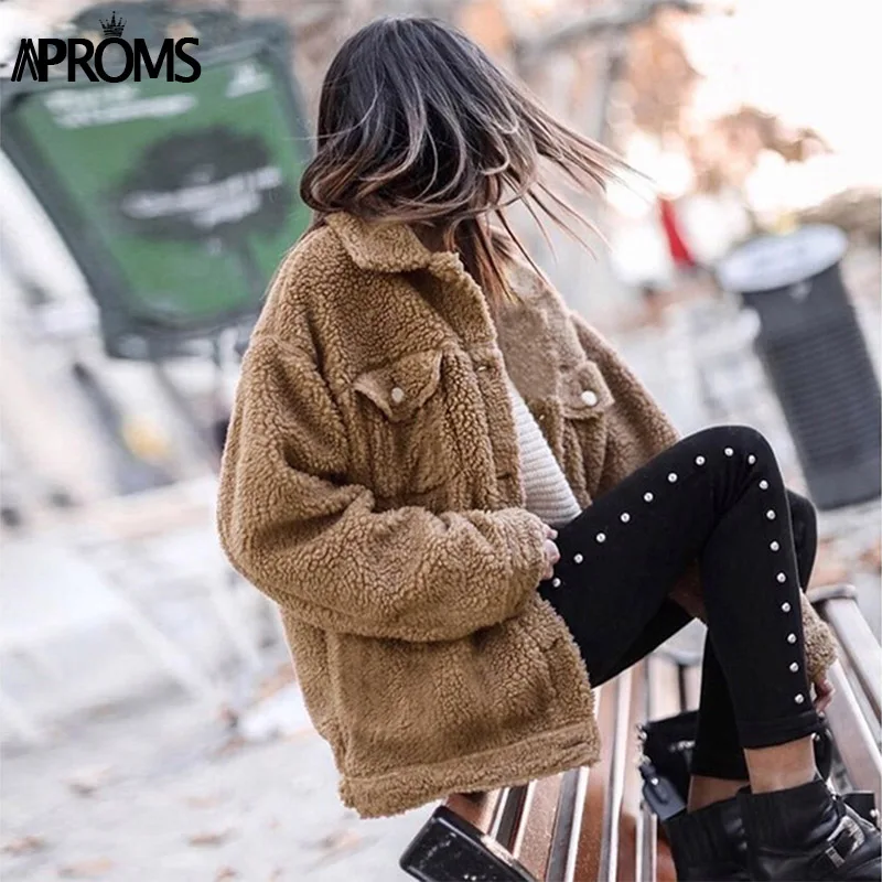 price cut  Aproms Khaki Oversized Buttons Jackets Women Winter Fashion Warm Teddy Coats Autumn Outerwear Femal