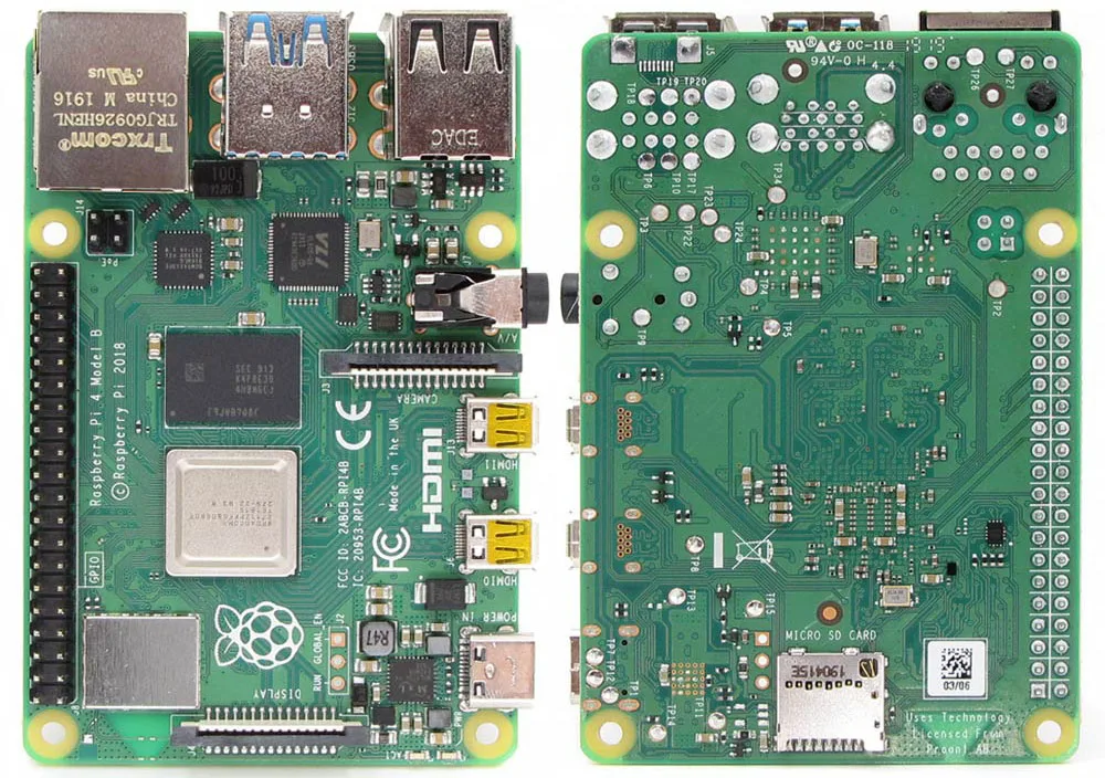 1GB SDRAM(синхронное динамическое ОЗУ) Raspberry Pi 4 Модель B BCM2711 Cortex-A72 64-разрядный четырехъядерный 1,5 ГГц SOC 2,4& 5,0 ГГц Wi-Fi Bluetooth 5,0 Raspberry PI 4B