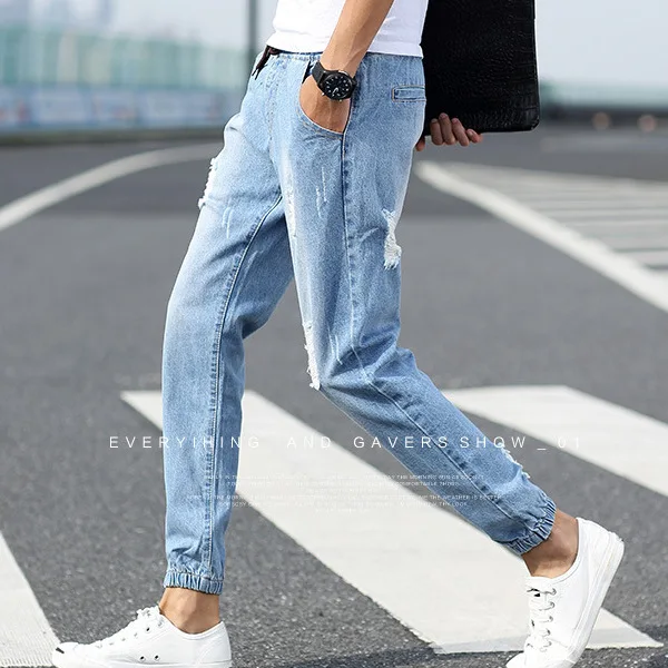Men Casual Jeans Men Large Size Elastic Waist Legs Jeans Men Loose Hole Straight Leg Ankle Length Casual Pants