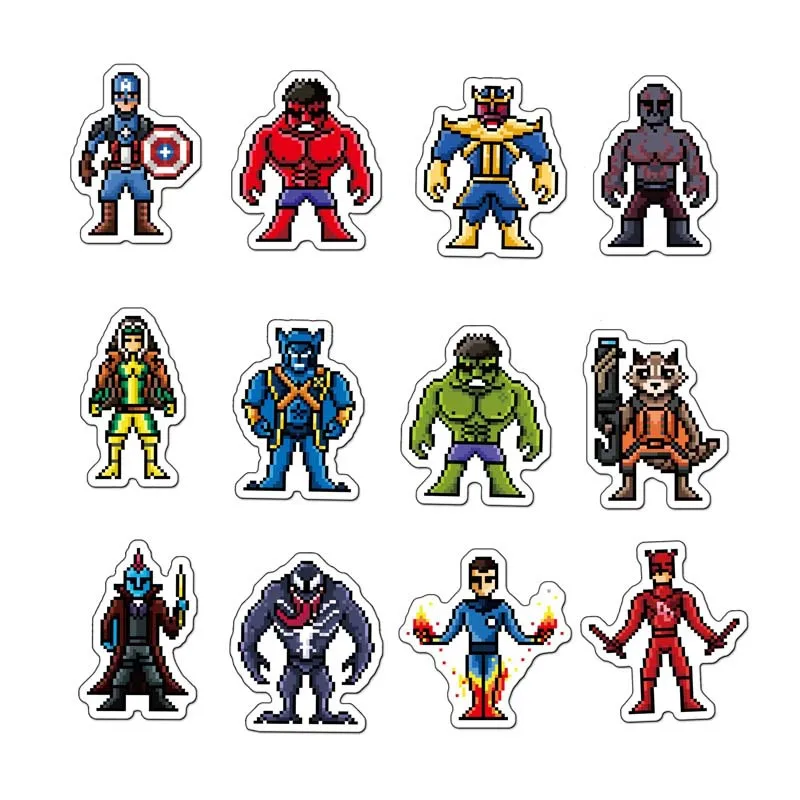64 шт./лот, ПВХ водостойкие наклейки Marvel с пикселями, наклейки для автомобиля, граффити, ежедневник, альбомы, милые канцелярские товары