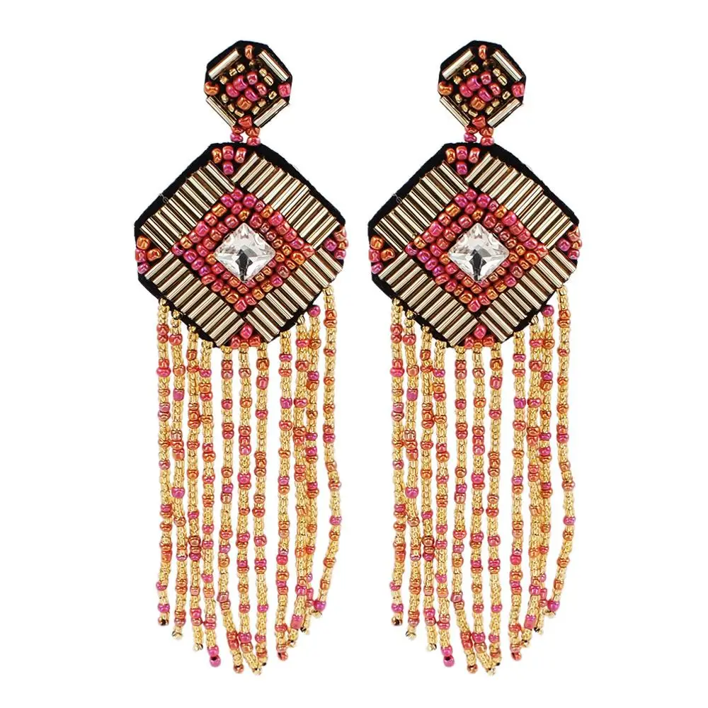 MANILAI, богемные, ручной работы, с бусинами, длинные серьги с кисточками для женщин, многоцветные, с бусинами, массивные Висячие серьги, этнические ювелирные изделия - Окраска металла: Red Earrings