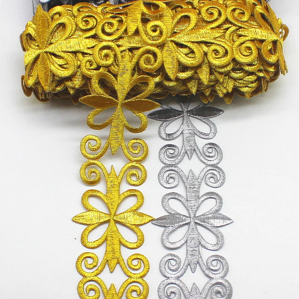 1 Yard Gold Embroidered Lace Iron on Ribbons Cosplay Costumes Braid Appliqued Lace 5cm Wide