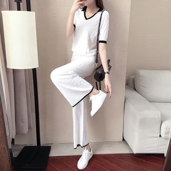 

Summer Korean Wide Leg Pants Two-piece Set Tracksuit Women Knitted Tracksuit Patchwork Black And White Knit Sets Womens