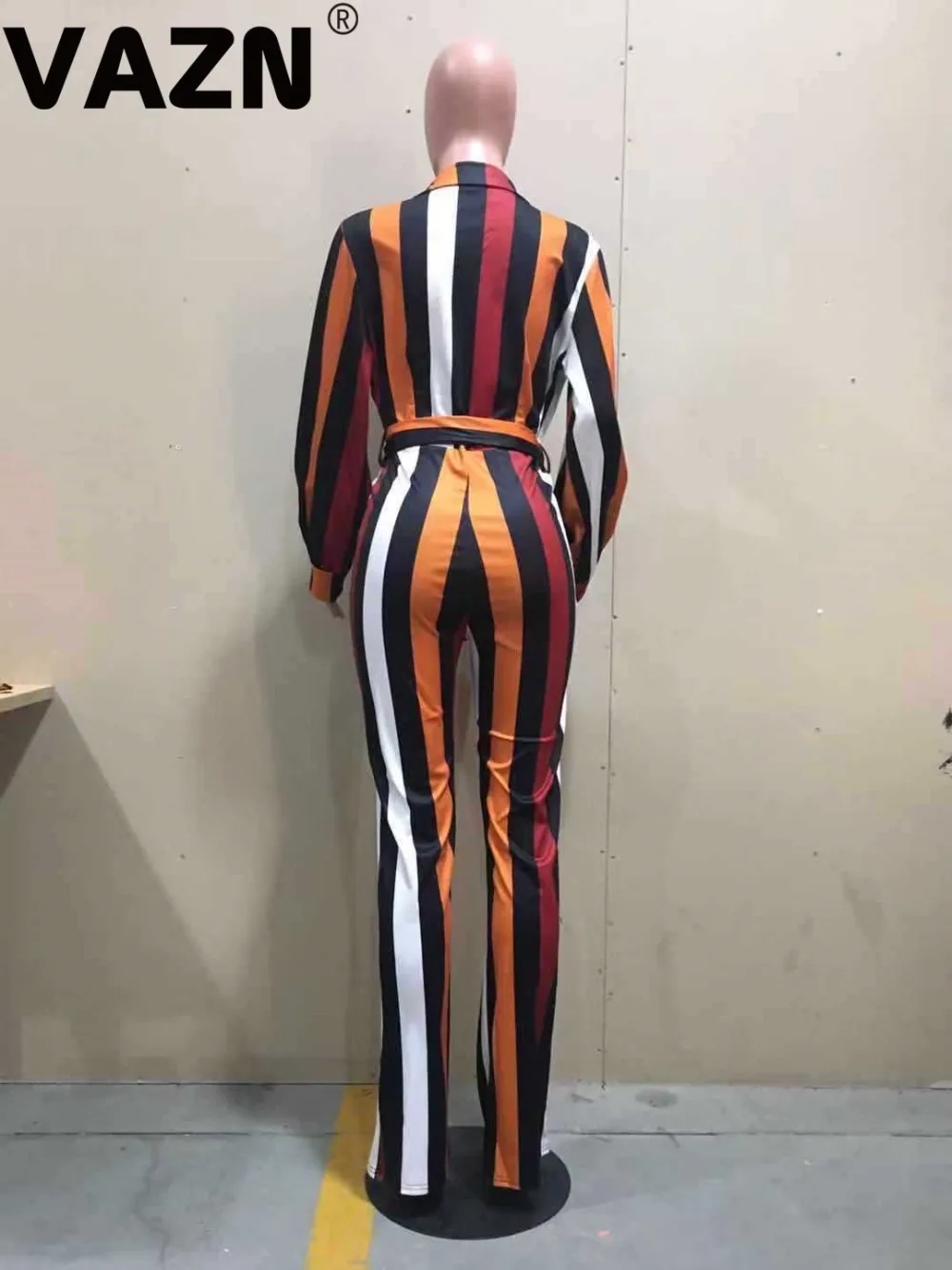 VAZN Hot Georgette Jumpsuits Office Daily Untidy Fashion Classic Striped Full Sleeve High Waist Lace Up Wide Leg Jumpsuits