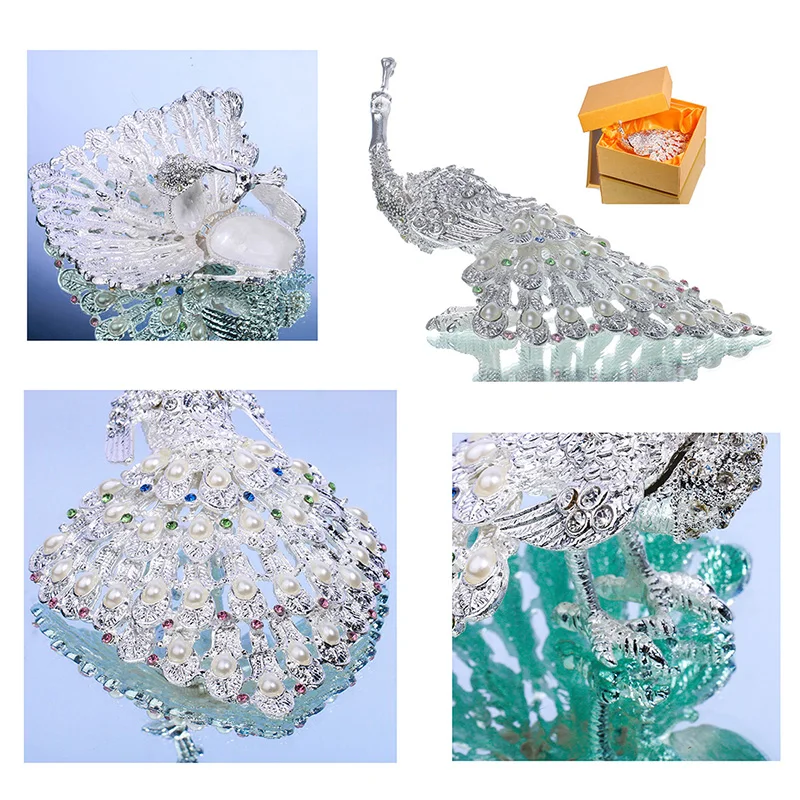 H&D 6 styles Handmade Bejeweled Peacock Trinket Boxes Hinged Metal Ring Holder Jewelry Collectible Wedding Home Christmas Decor