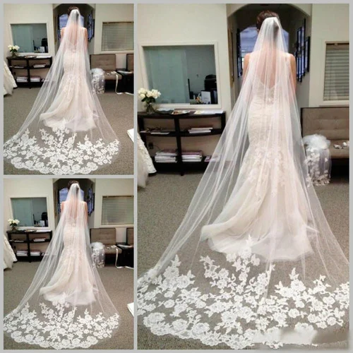 

Long Veils Bridal Hair Chapel Lace Applique edge Tulle Wedding Bridal Veils New