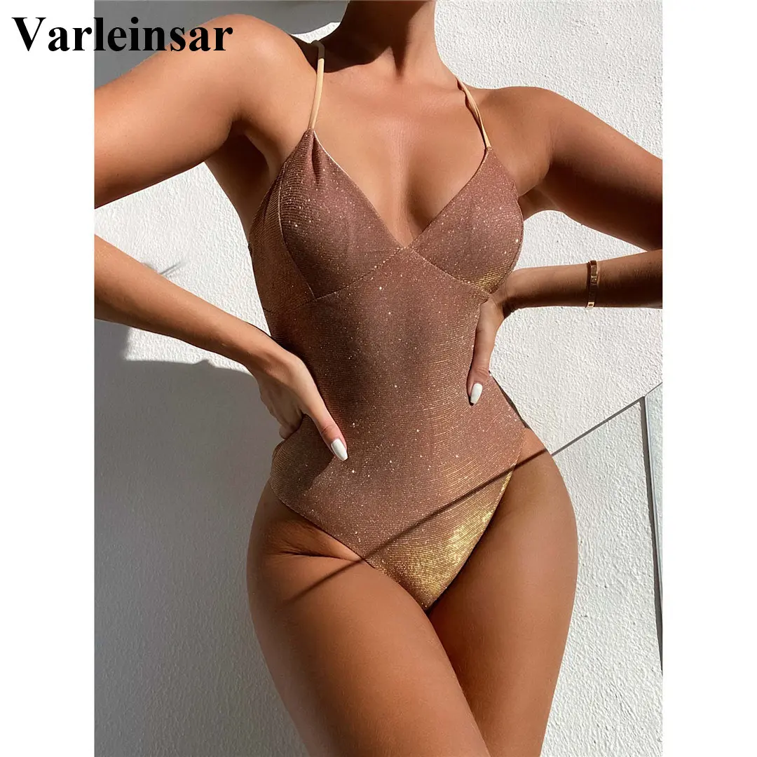 One-Piece Swimsuit Swim-Wear Glitter Shiny NEW High-Leg V-Neck Cut Women V2631 Sparkling