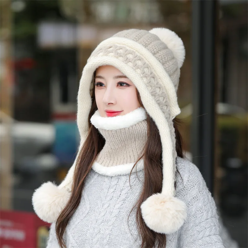 2021 Woolen Hat Women Winter Ear Protection Knitted Hat Bib Two-piece Plus Velvet Warm and Windproof Cycling Hat 