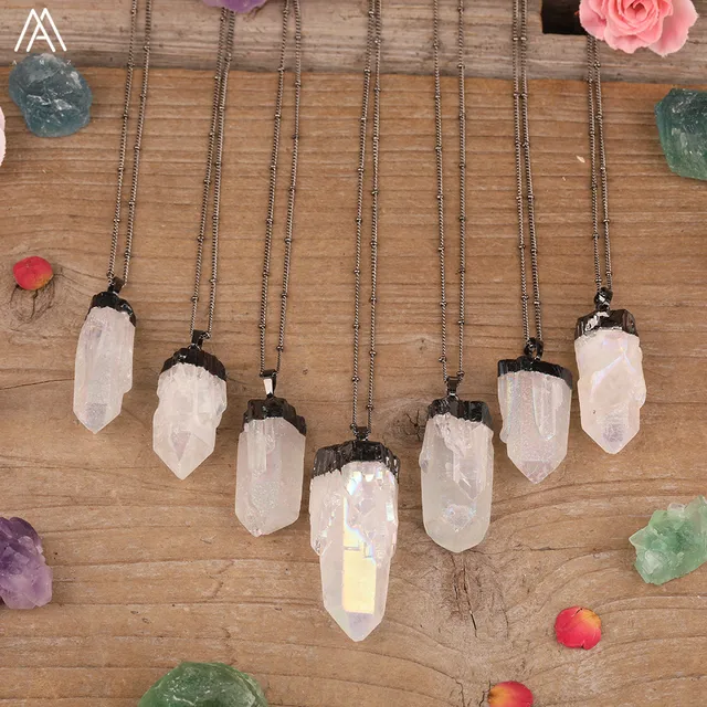 Titanium AB Natural White Quartz Irregular Point Pendant Gold Chains Necklace For Women Quartz Crystal Beads Adjustable Necklace Gun Black
