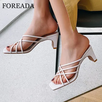 

FOREADA Slippers Natural Genuine Leather Woman Slides Block High Heel Shoes Square Toe Sandals Narrow Band Ladies Footwear 34-42